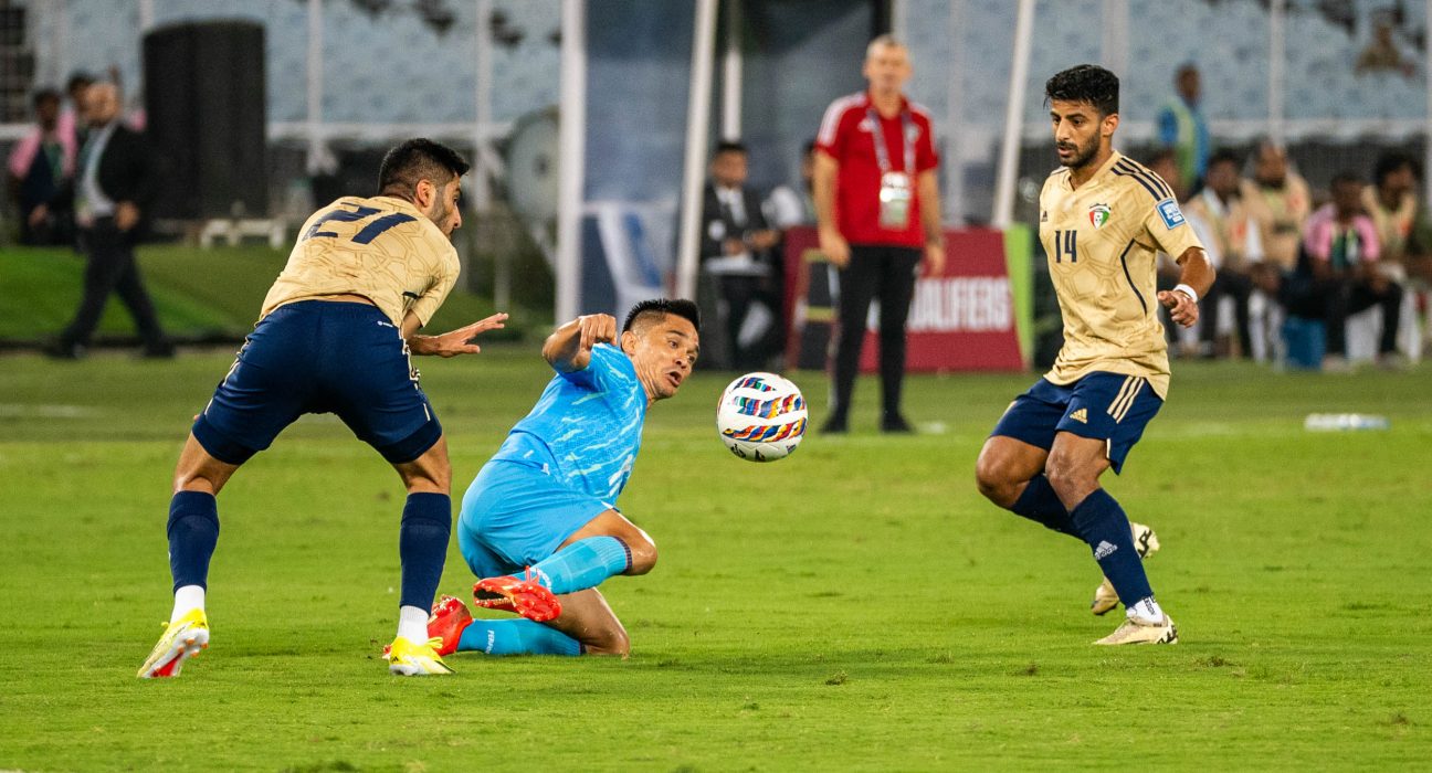 Sunil Chhetri of India in action against Kuwait