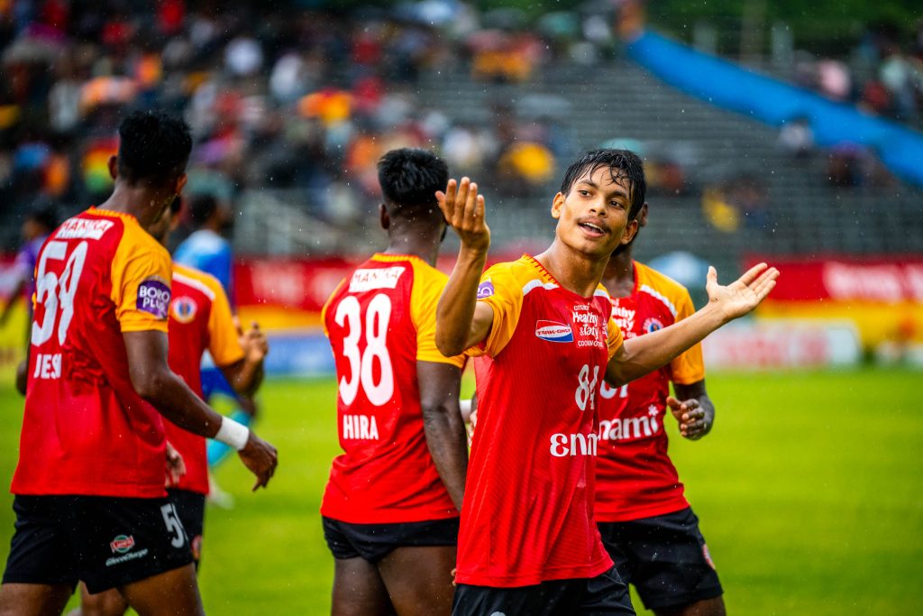 Sayan Banerjee of East Bengal FC after scoring against Police AC in CFL 2024