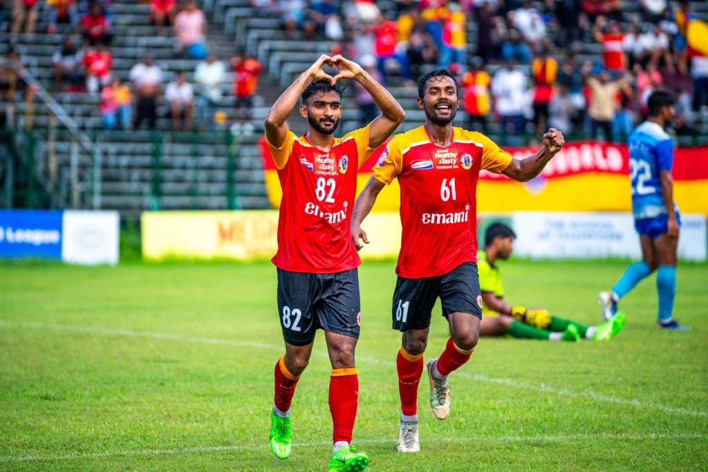 PV Vishnu of East Bengal celebrating after against Police AC in CFL 2024