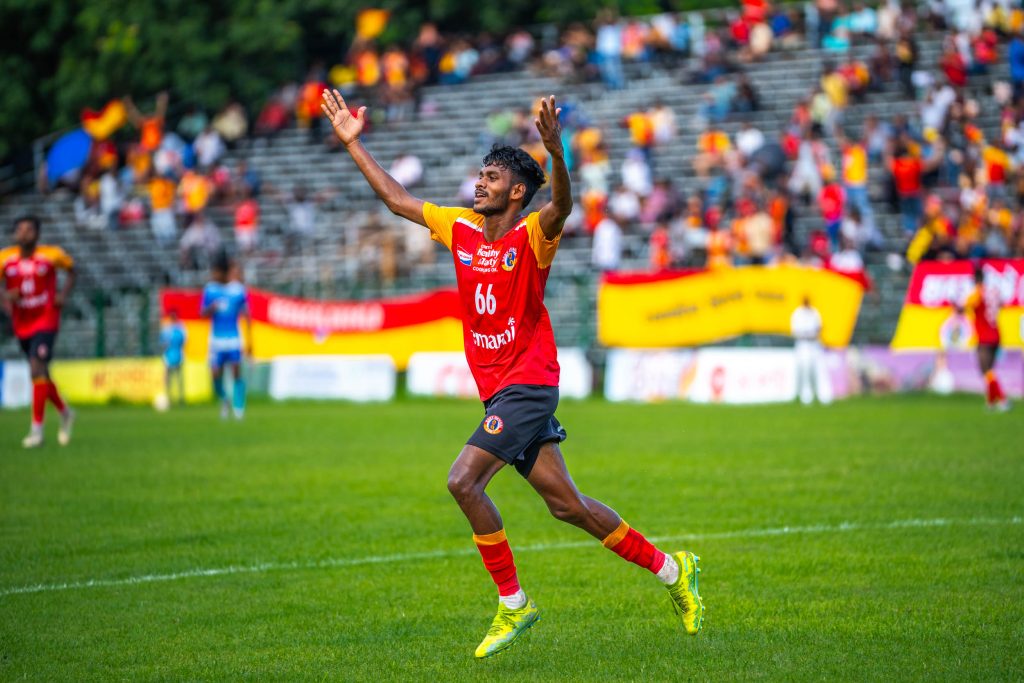 Shyamal of East Bengal celebrating after scoring against Police AC in CFL 2024