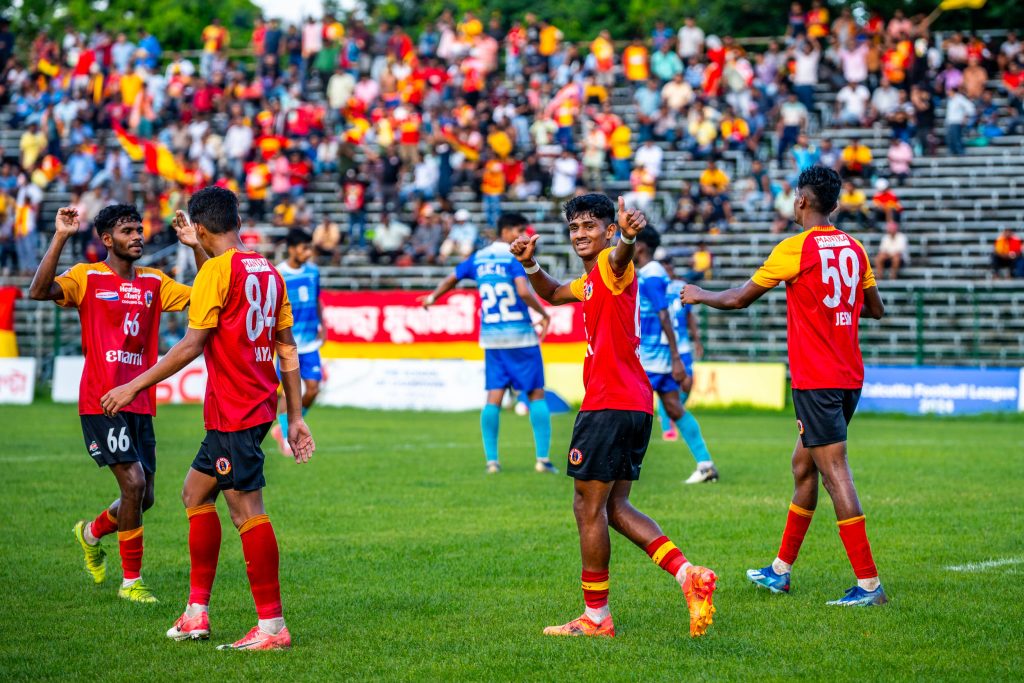 Aman of East Bengal after scoring against Police AC in CFL 2024