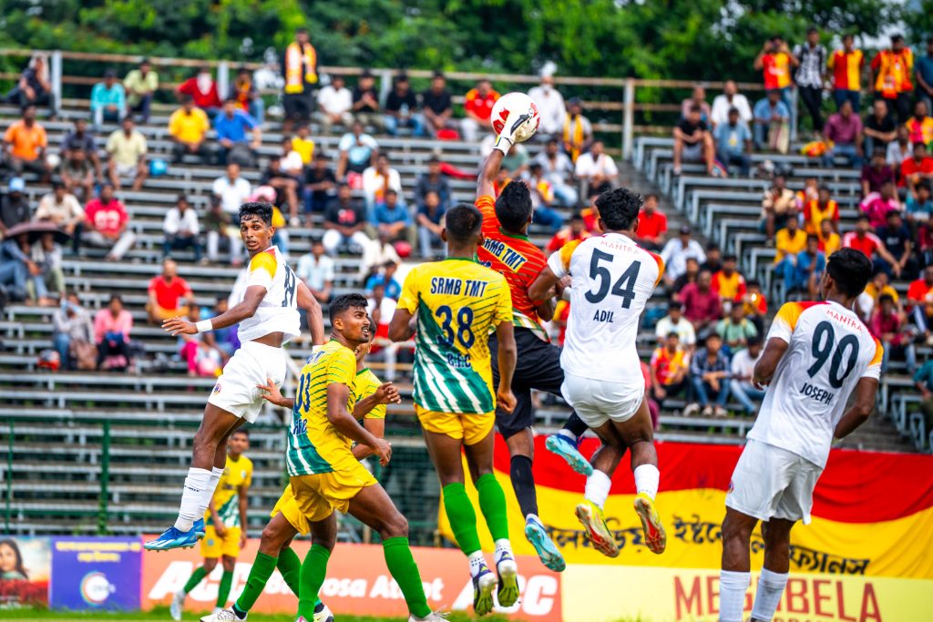 Subhankar Dutta goalkeeper of Railway FC clearing ball against East Bengal FC in CFL 2024