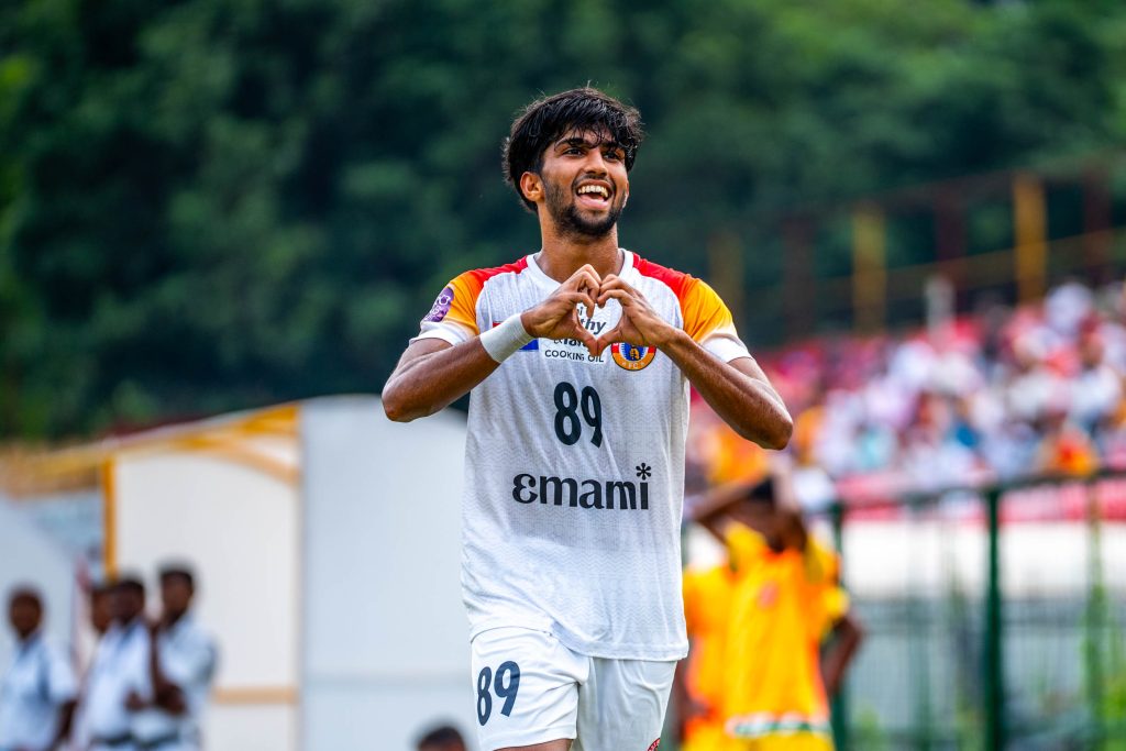 Muhammed Musharaf of East Bengal FC after scoring against Railway FC in CFL 2024