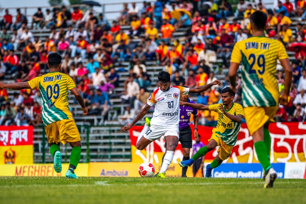 Bijay Murmu of East Bengal in action against Railway FC in CFL 2024