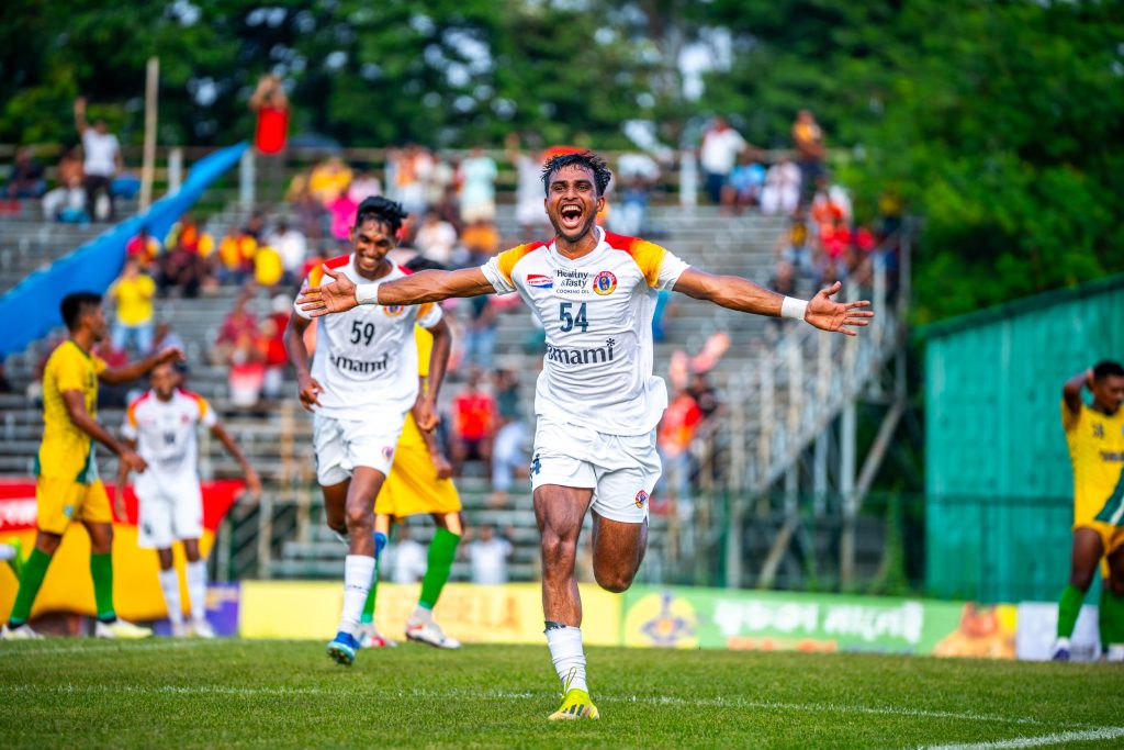 Adil Amal of East Bengal FC after scoring against Railway FC in CFL 2024