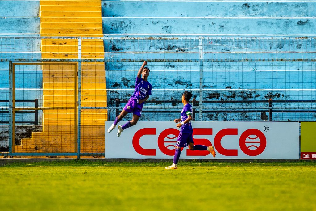 Debasish Haldar of Patha Chakra after scoring from penalty against Mohammedan SC in CFL 2024