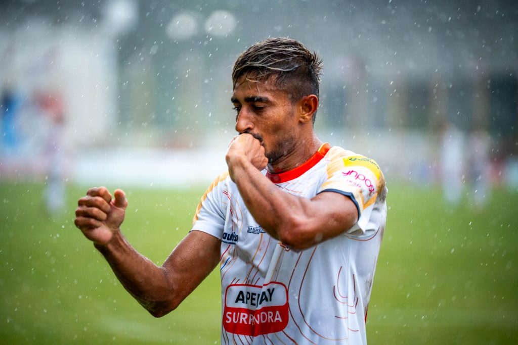 Girik Khosla of DHFC after scoring against Wari AC in CFL 2024