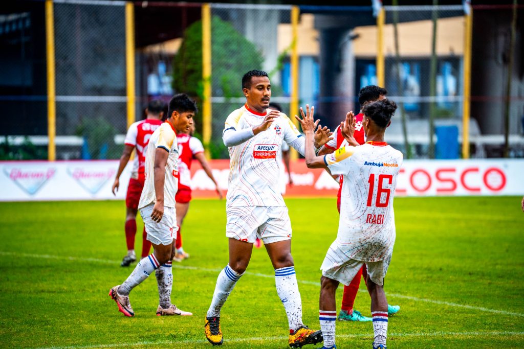 Narohari Shreshtha of DHFC celebrating after scoring goal against Wari AC in CFL 2024