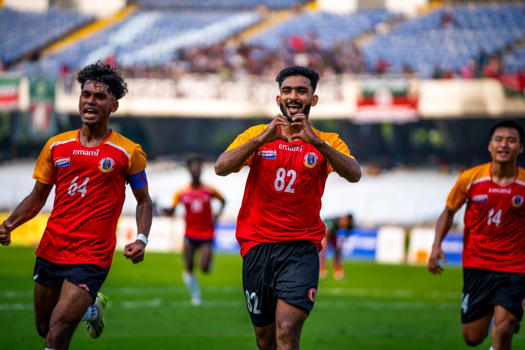 PV Vishnu of East Bengal celebrating after scoring against Mohun Bagan in CFL 2024
