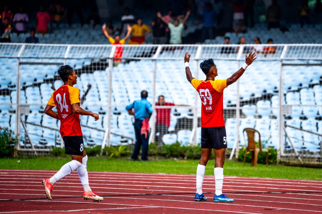 Jesin TK of East Bengal celebrating after scoring against Mohun Bagan in CFL 2024