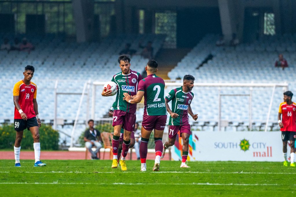 Suhail Bhat of Mohun Bagan after scoring against East Bengal in CFL 2024
