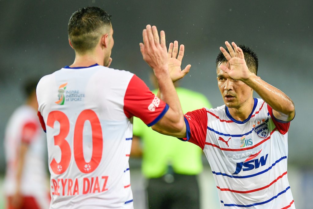Pereyra Diaz celebrating with Sunil Chhetri after scoring against Indian Navy FT in Durand Cup 2024