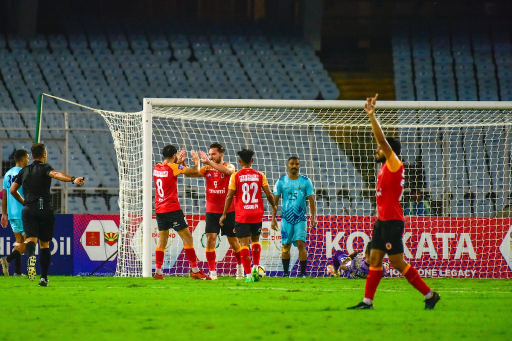 Diamantakos of East Bengal after scoring against IAFFT in Durand Cup 2024