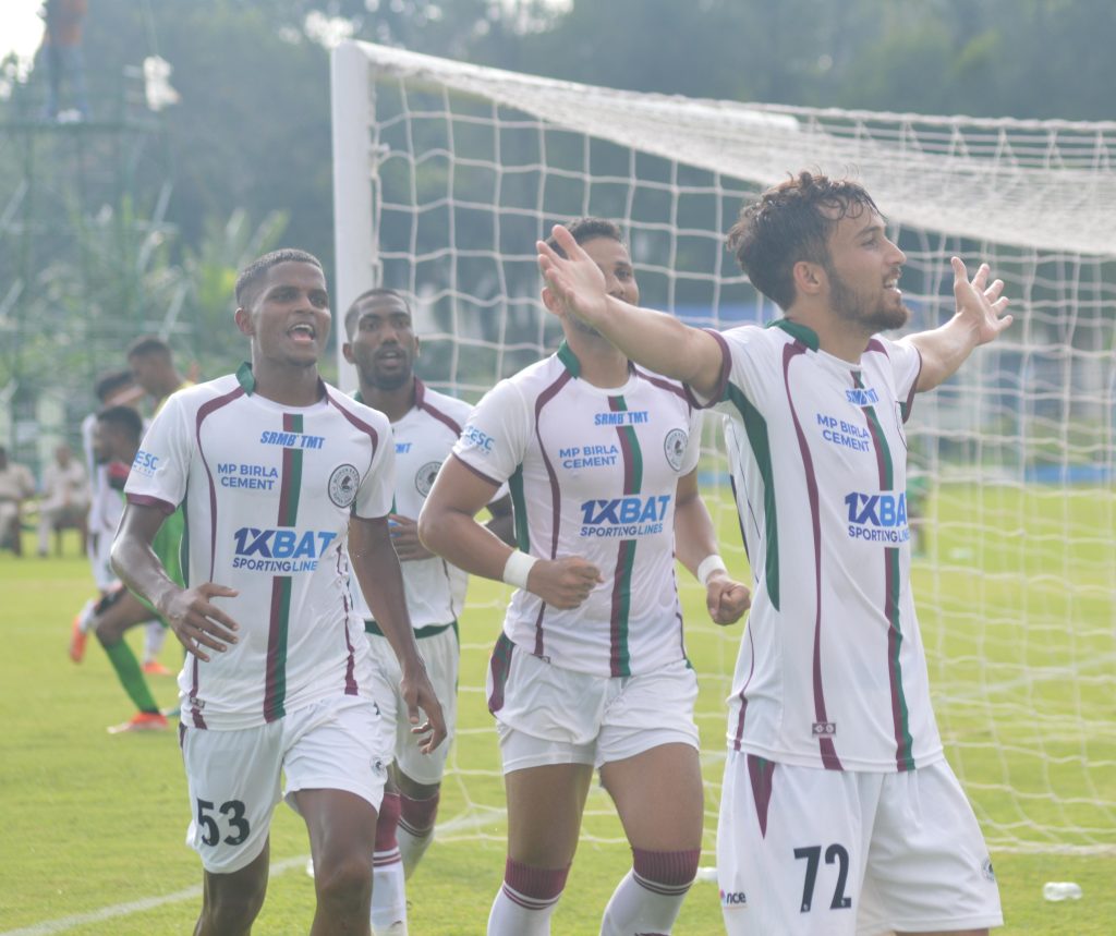 Sugain Bhatt of Mohun Bagan Super Giant after scoring against Calcutta Police Club in CFL 2024