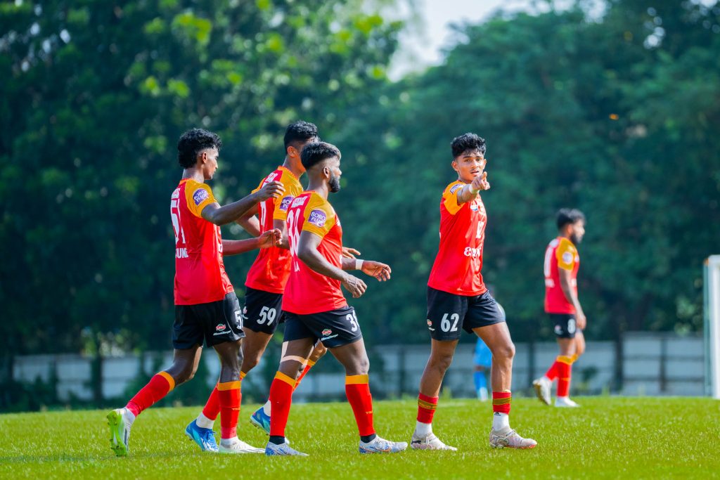 Aman CK after scoring 2nd goal gainst Eastern Railways in CFL 2024