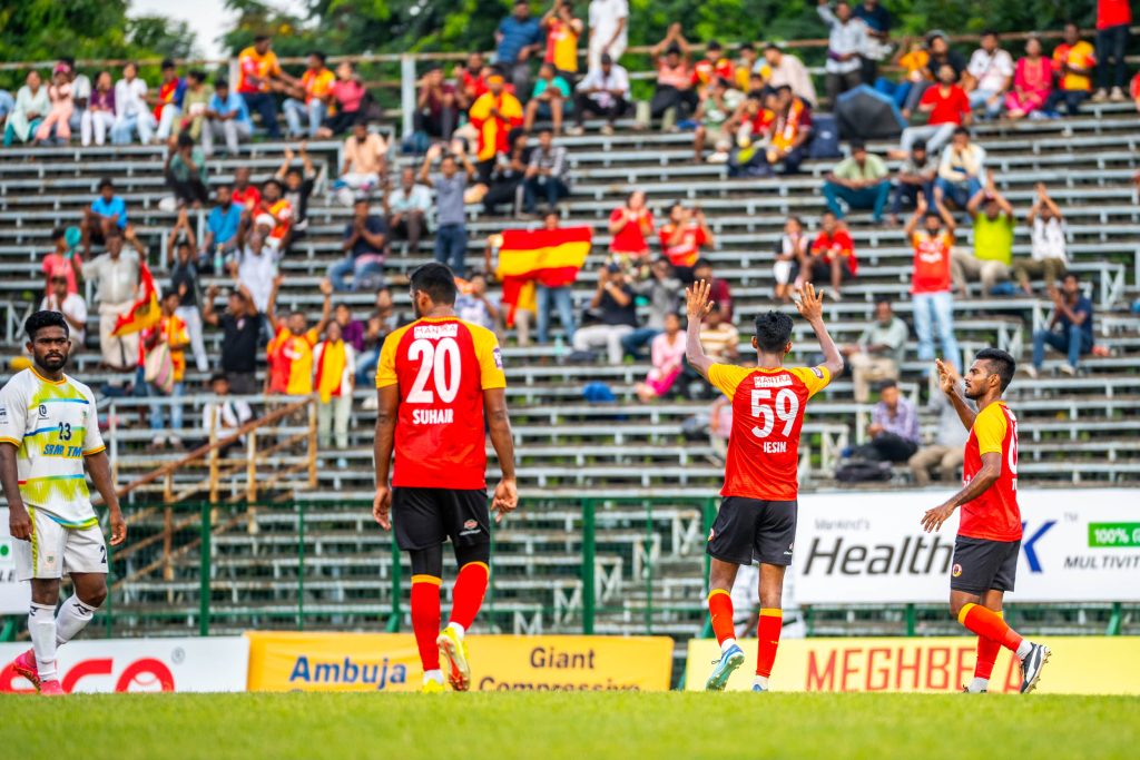 Jesin TK after scoring third goal against Eastern Railways in CFL 2024