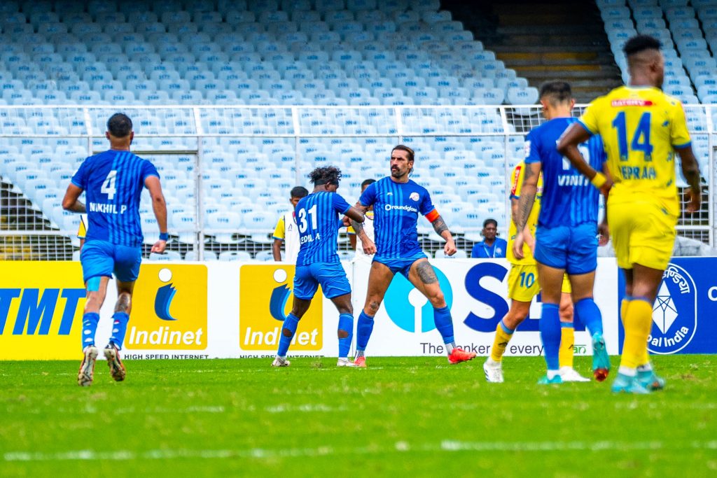 Luka Majcen of Punjab FC celebrating after scoring against Kerala Blasters FC in Durand Cup 2024