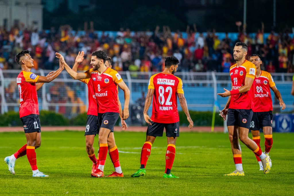 Madih Talal of East Bengal FC after scoring against Downtown Heroes in Durand CUp 2024