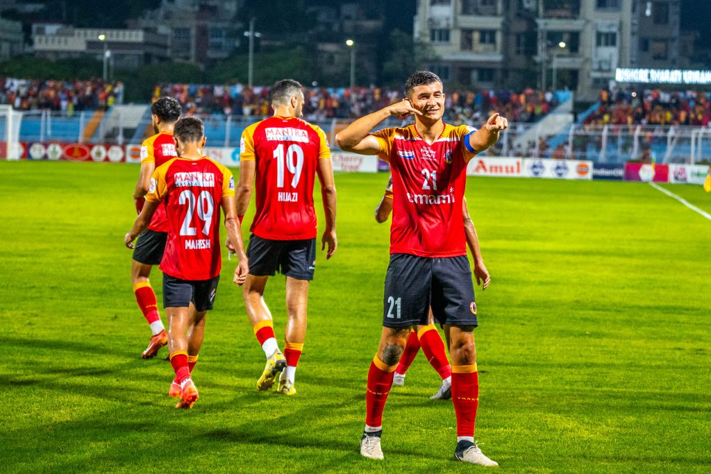 Saul Crespo of Emami East Bengal after scoring from penalty against Downtown Heroes in Durand Cup 2024