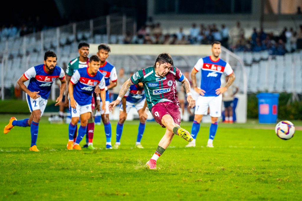 Petratos of Mohun Bagan SG taking penalty against Bengaluru FC in Duranc Cup 2024 Semi Final