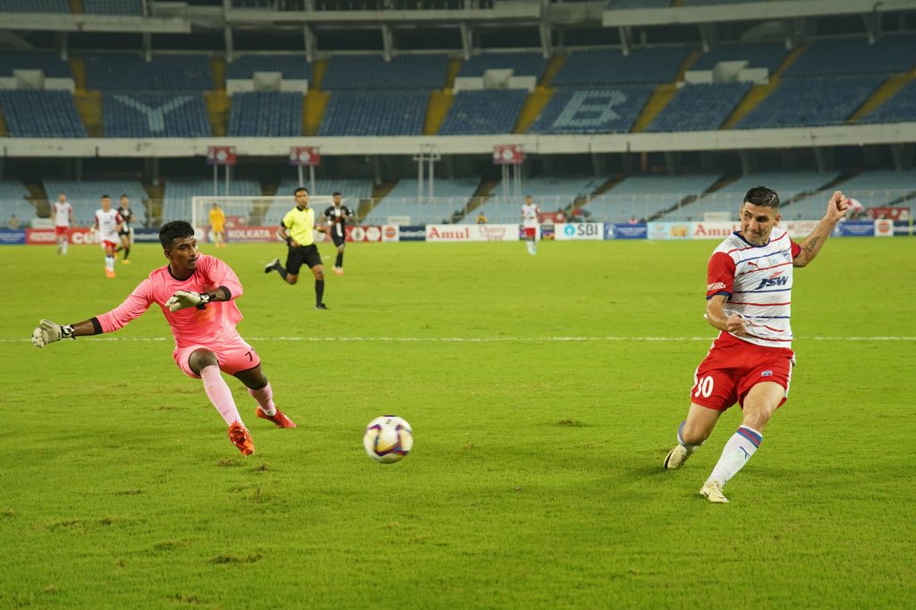 Pereyra Diaz of Bengaluru FC taking goal scoring shot against Mohammedan SC in Durand Cup 2024