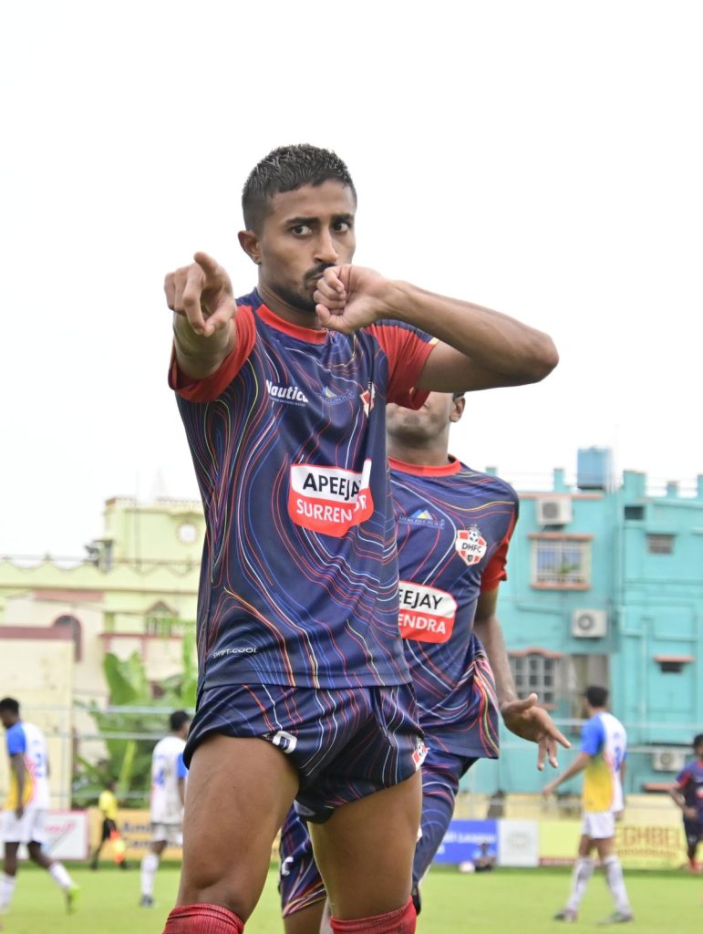 Girik Khosla of DHFC after scoring against Kalighat MS in CFL 2024