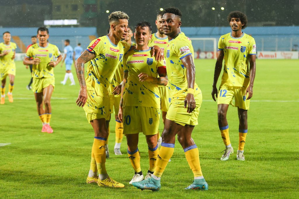 Kerala Blasters Players after scoring goal against Mumbai City FC in Durand Cup 2024
