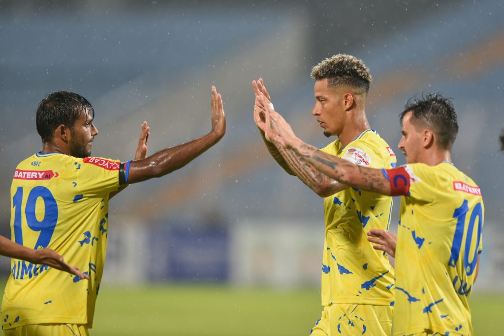 Kerala Blasters players celebrating after scoring against Mumbai City FC in Durand Cup 2024