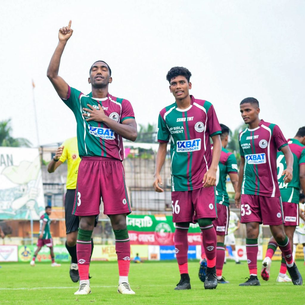 Raj Basfore of Mohun Bagan SG celebrating after scoring against Eastern Railway in CFL 2024