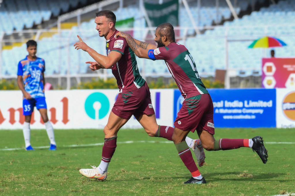Tom Aldred of Mohun Bagan after scoring against IAFFT in Durand Cup 2024