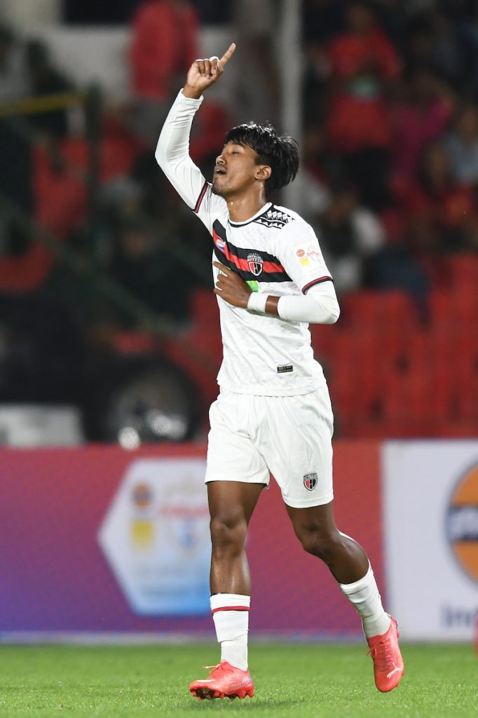 Parthib Gogoi of NorthEast United after scoring against Shillong Lajong FC in Durand Cup 2024 Semi Final