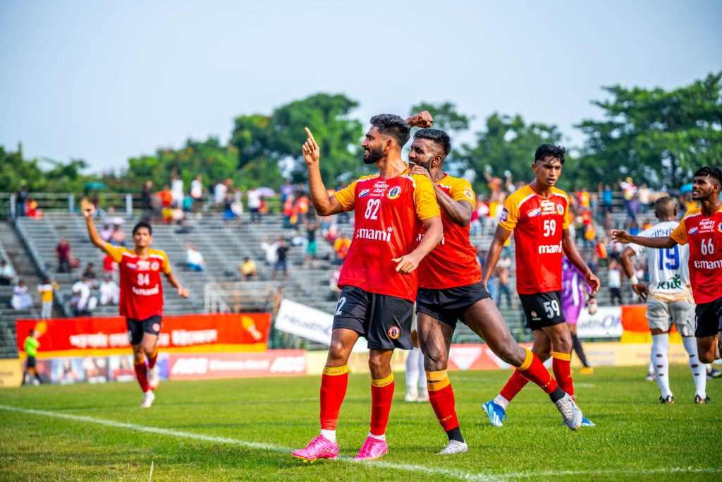 PV Vishnu celebrating after scoring against Calcutta Customs in CFL 2024