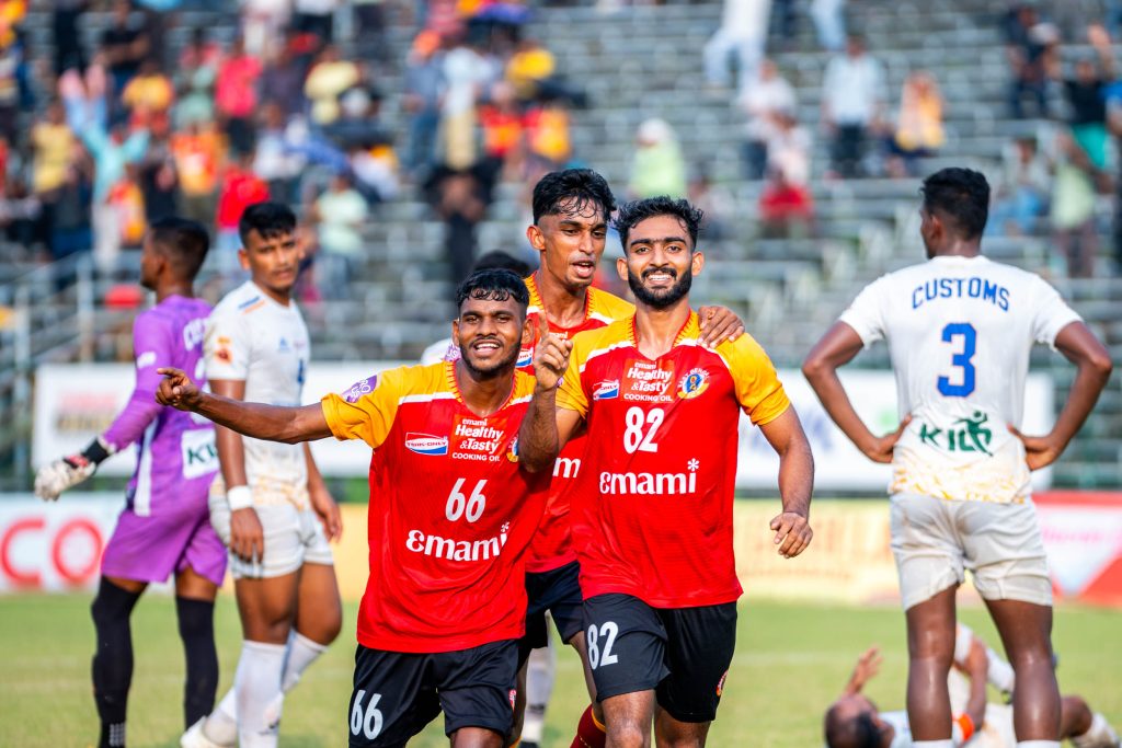 P V Vishnu after scoring 2nd goal against Calcutta Customs in CFL 2024