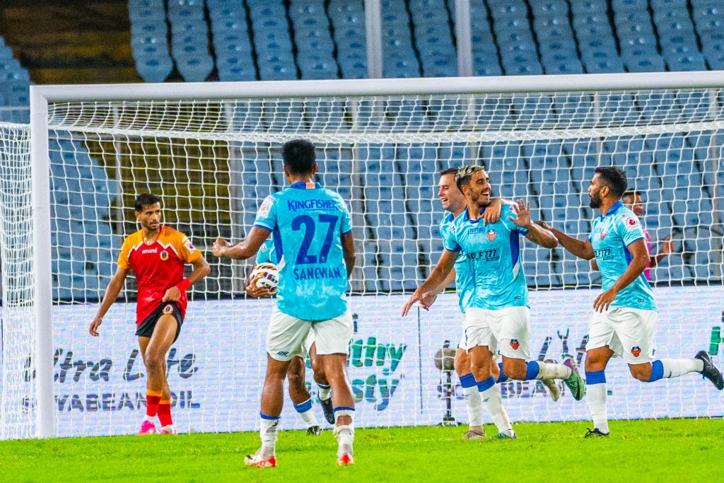 Herrera of FC Goa celebrating after scorinr third goal against East Bengal FC in ISL 2024-25
