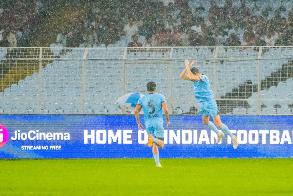 Mumbai City FC celebrating after scoring 2nd goal.