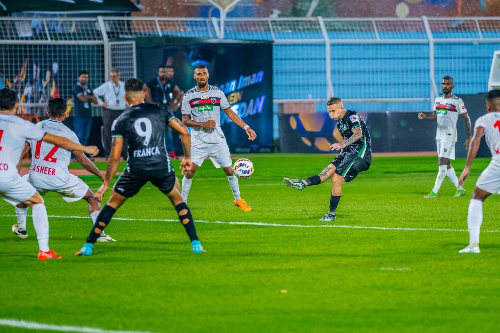 Alexis of Mohammedan SC taking a shot against NorthEast United FC in ISL 2024-25