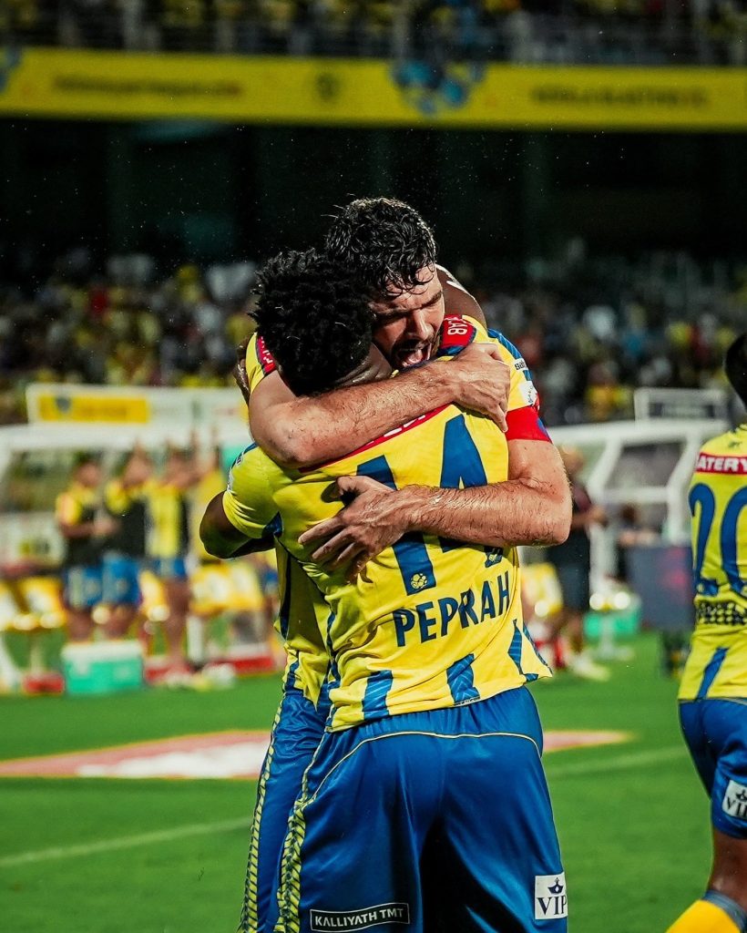 Peprah of Kerala Blasters FC celebrating after scoring match winning goal against East Bengal FC in ISL 2024-25
