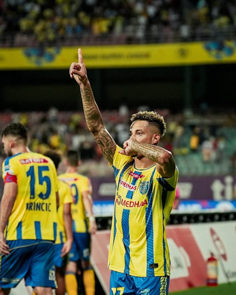 Noah Sadaoui of Kerala Blasters FC after scoring against East Bengal FC in ISL 2024-25