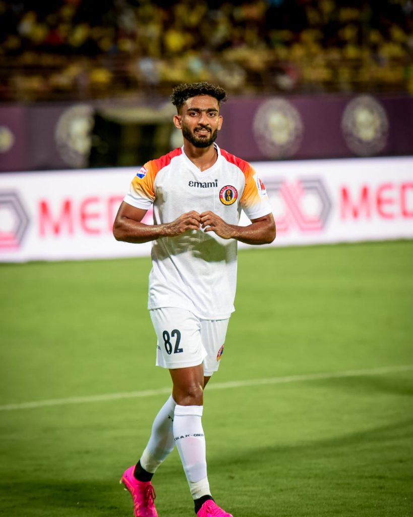 PV Vishnu of East Bengal FC after scoring against Kerala Blasters FC in ISL 2024-25