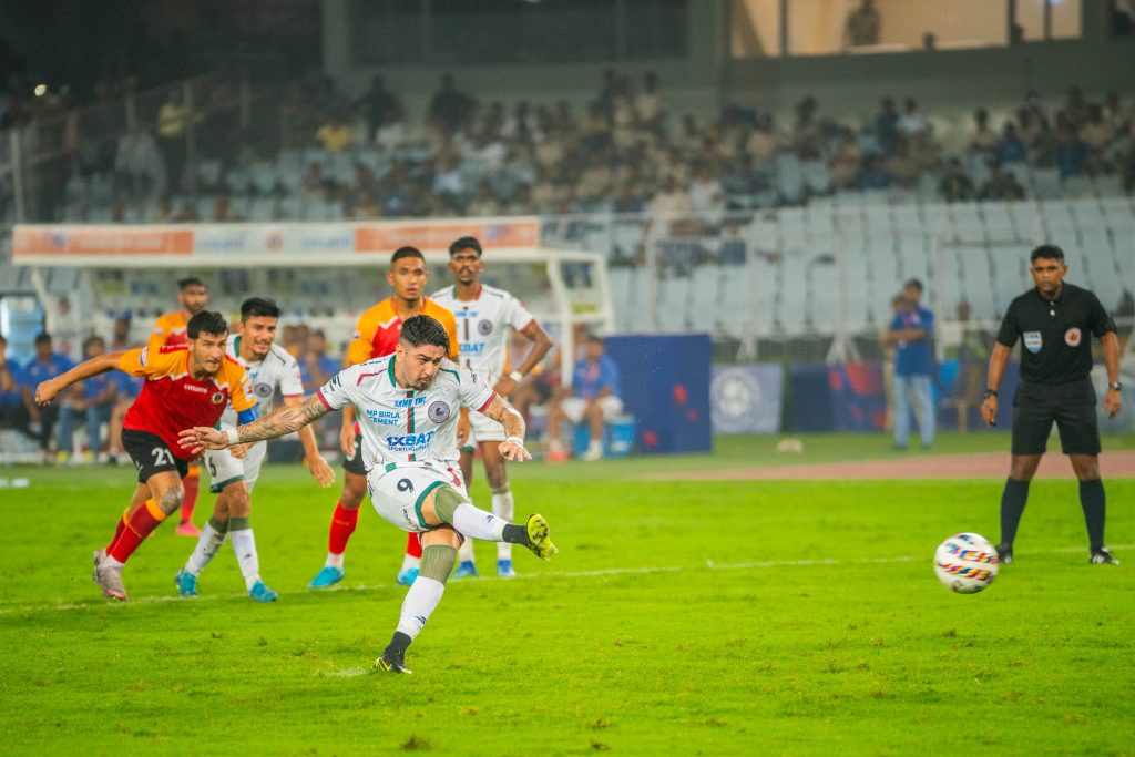 Petratos of Mohun Bagan SG taking penalty kick against East Bengal in ISL 2024-25