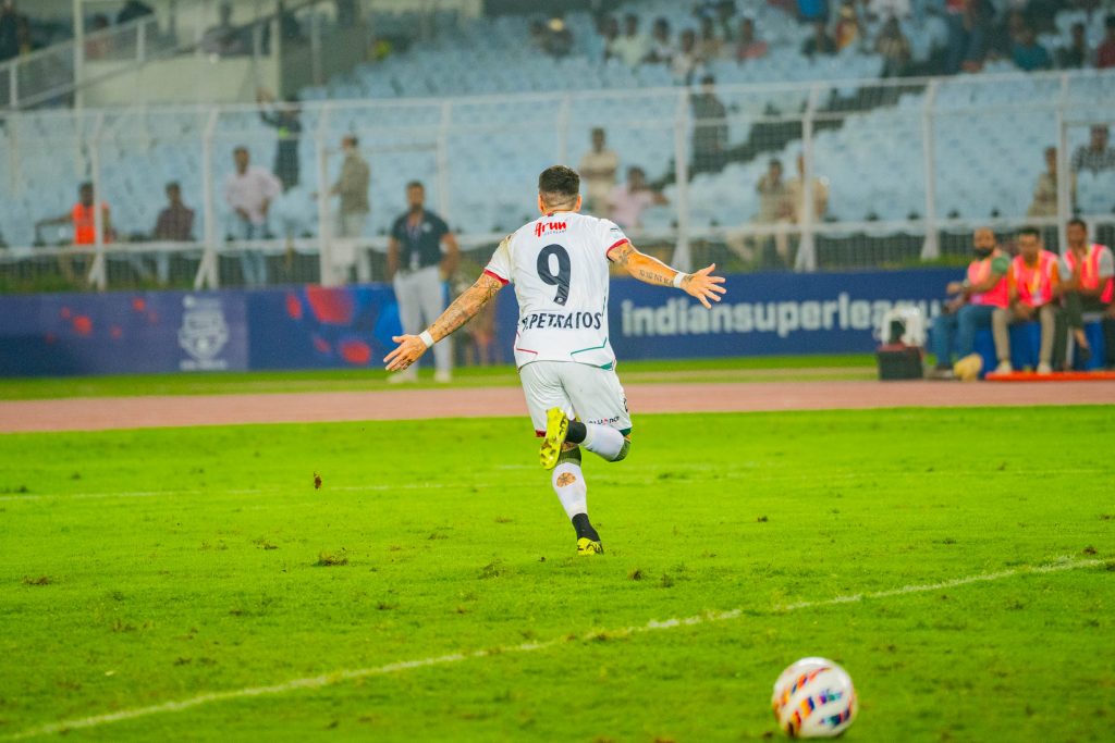 Petratos of Muhun Bagan SG celebrating after scoring from penalty against East Bengal FC in ISL 2024-25
