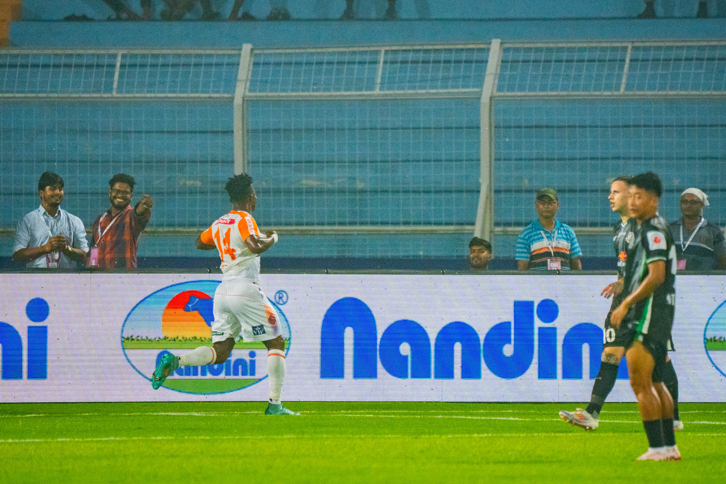 Peprah of Kerala Blasters celebrating after scoring against Mohammedan SC