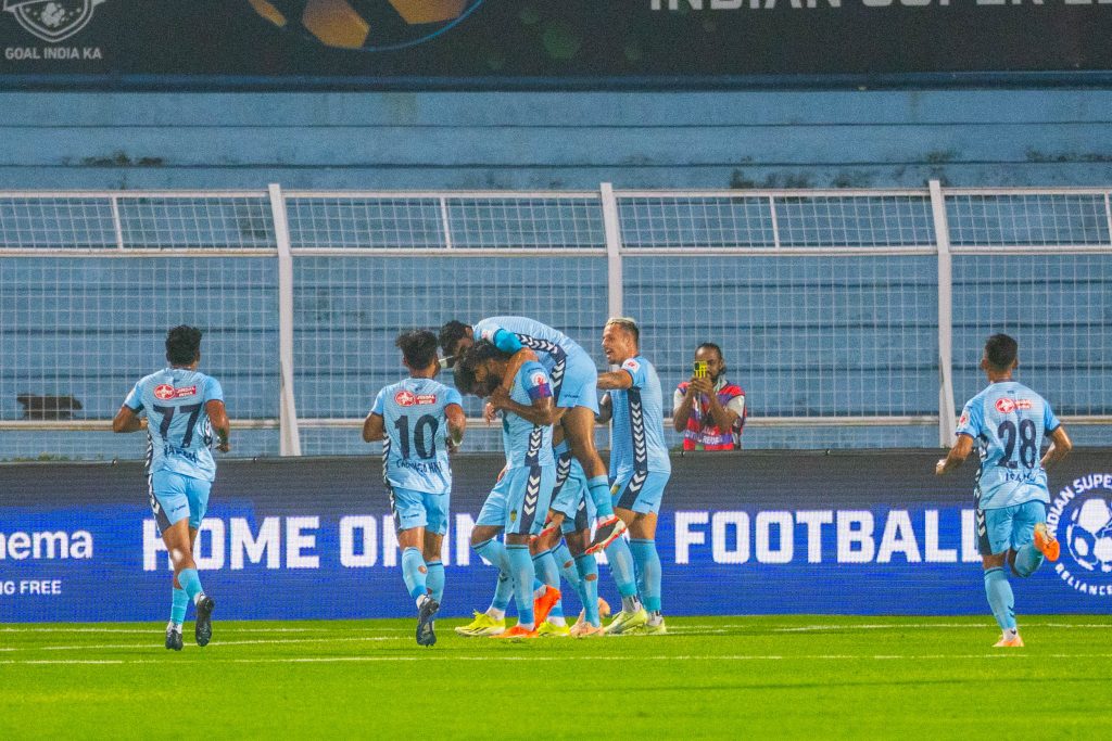 Hyderabad FC players celebrating after scoring goal against Mohammedan SC
