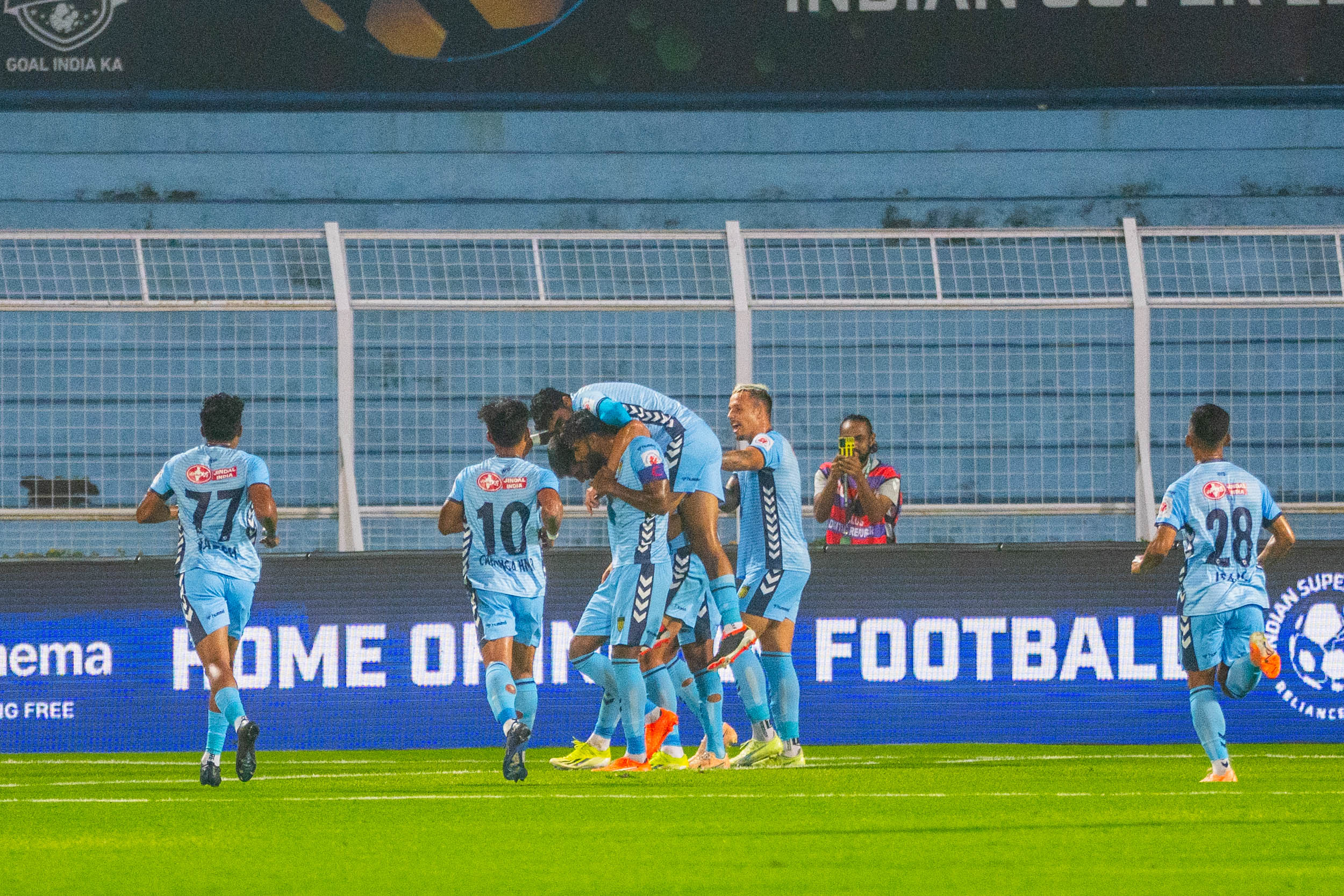 Hyderabad FC players celebrating after scoring goal against Mohammedan SC