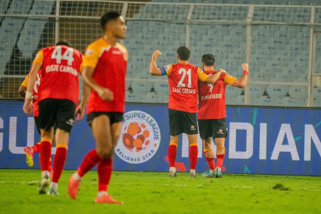 Diamantakos of East Bengal FC celebrating after scoring against Northeast United FC
