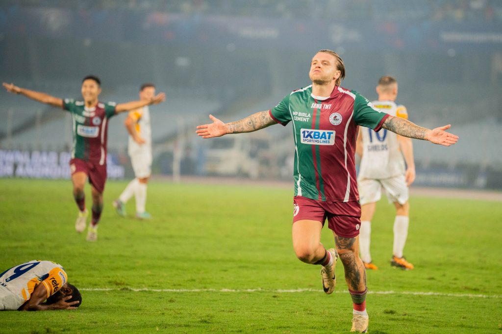 Cummins of Mohun Bagan SG celebrating after scoring against Chennaiyin FC