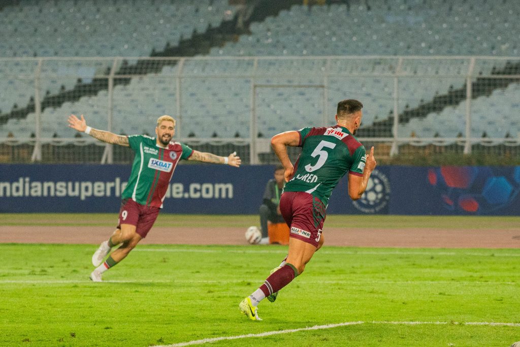 Aldred after scoring against Jamshedpur FC