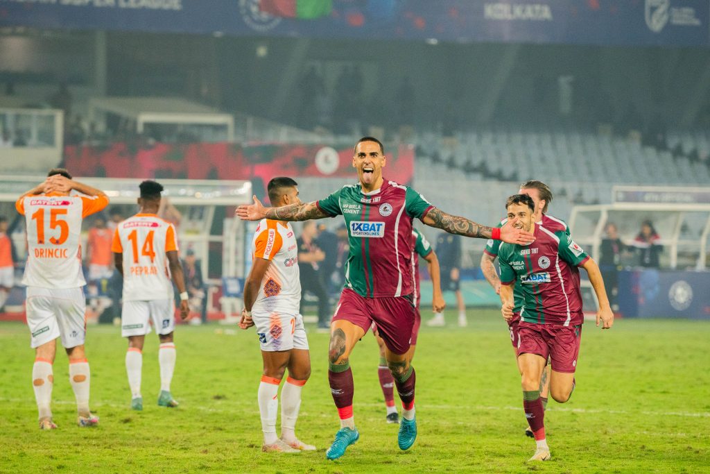 Rodriguez of Mohun Bagan celebrating after scoring a last minute winner against Kerala Blasters FC