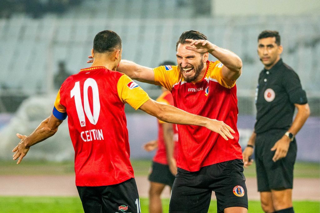 Diamantakos of East Bengal FC celebrating after scoring against Jamshedpur FC in ISL 2024-25