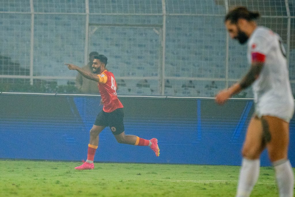 PV Vishnu celebrating after scoring against Punjab FC